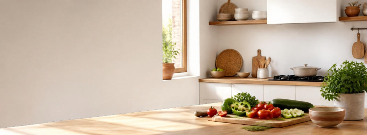 Cocina luminosa con verduras frescas