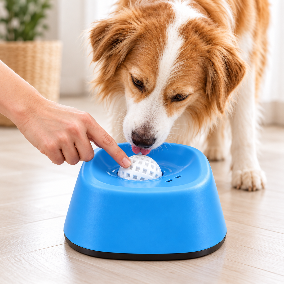 Perro aprendiendo a usar el cuenco con bola rodante