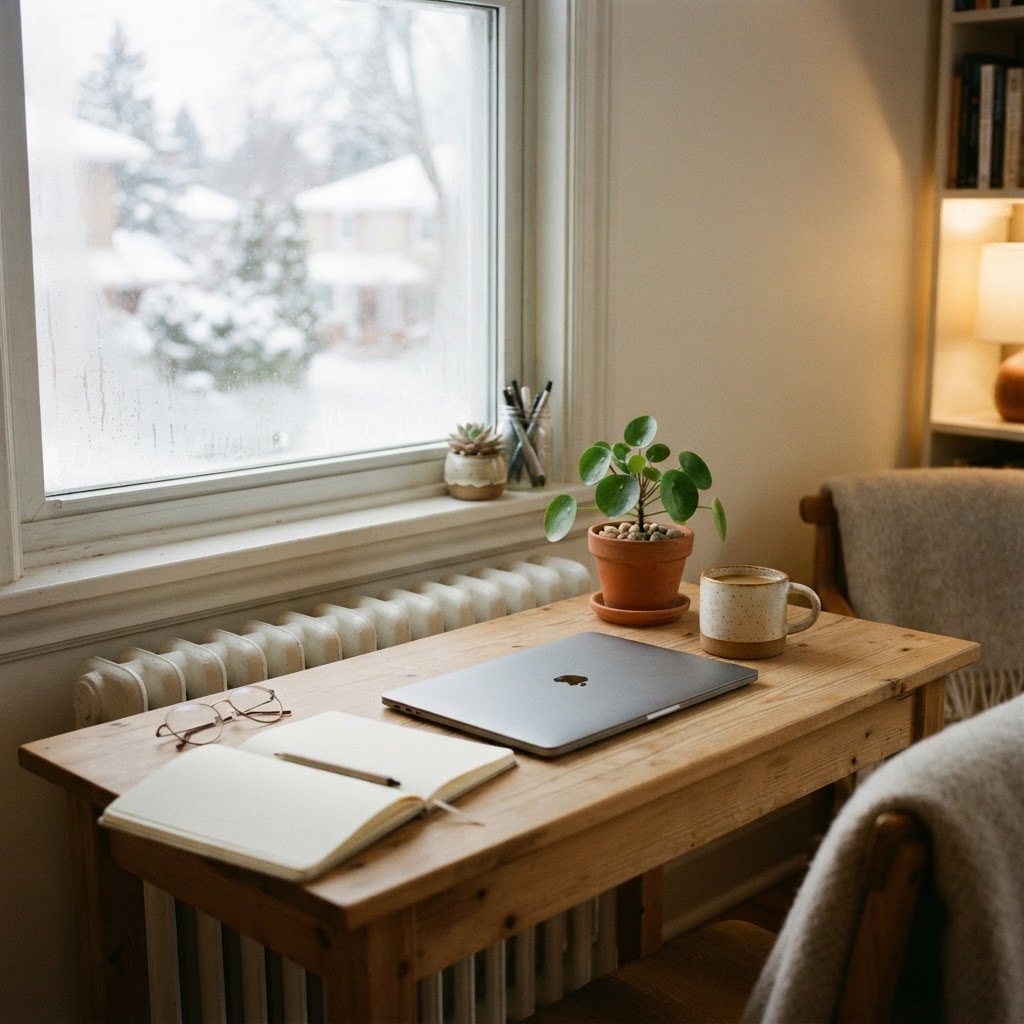 Escritorio junto a un radiador en una mañana de invierno