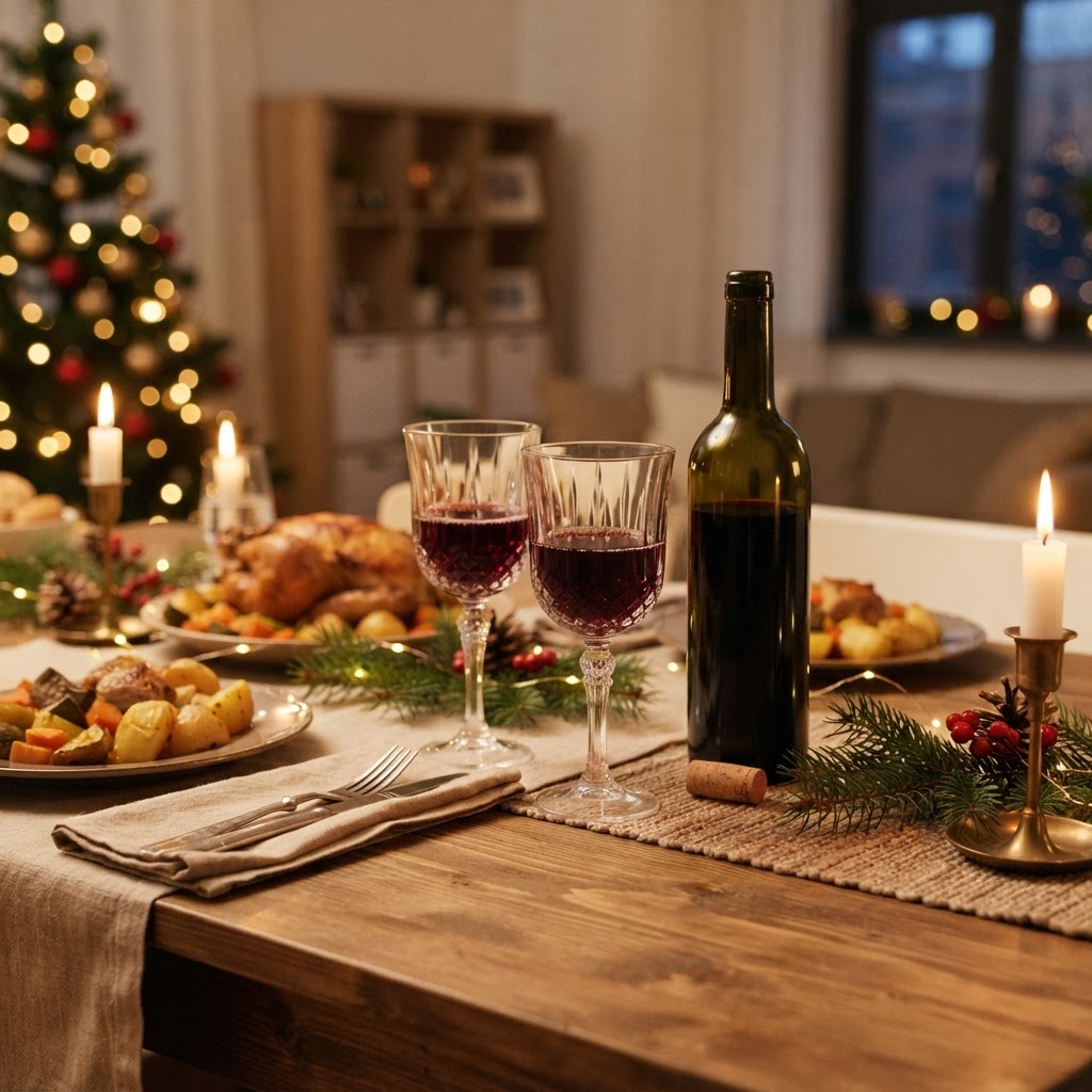 Mesa de cena de Navidad con dos copas de vino tinto servidas