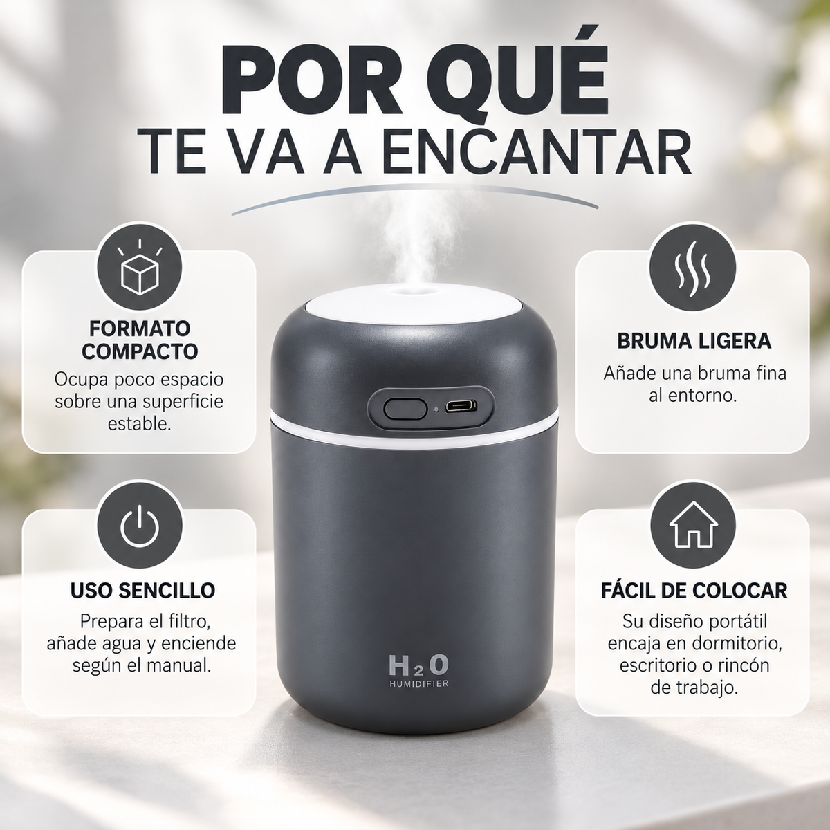 Infografía de beneficios del humidificador portátil negro